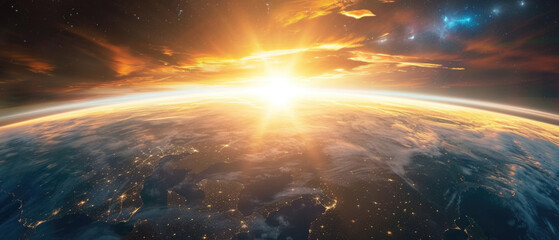 Beautiful panoramic view of planet Earth atmosphere from space with sun rays, city lights, clouds,...