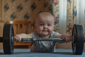 A humorous depiction of a baby pretending to lift a heavy weight, showcasing strength and playfulness