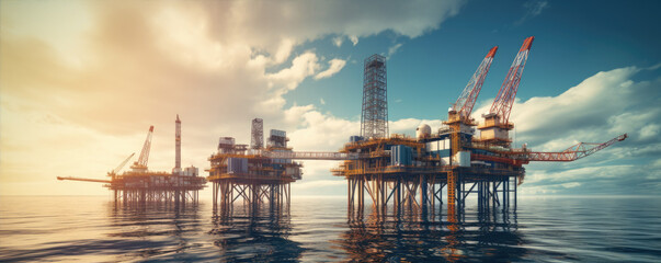Oil and gas rig platform in the middle of the ocean is producing raw gas and oil.