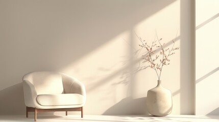 Interior with an armchair, table and vase. Bright hues