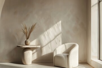 Interior with an armchair, table and vase. Bright hues
