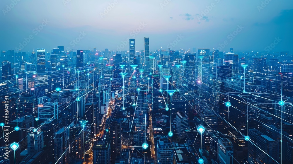 Poster technology: a futuristic cityscape with advanced architecture and transportation systems