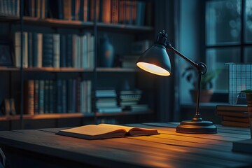 A home study with an open book under the soft light of a desk lamp, shelves of books in the background, evoking a studious atmosphere.