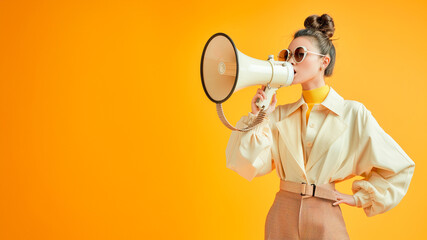 Announcing Discounts Sale. Young woman with Megaphone in Fashion Model Shopping Concept. Orange Studio Isolated Background with Copy Space