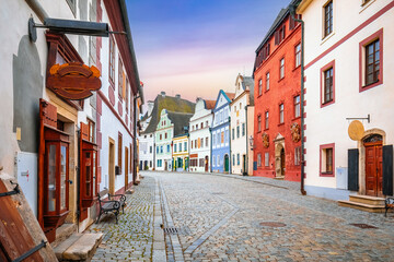 Scenic colorful street of old town of Cesky Krumlov - 768941094