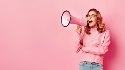 Announcing Discounts Sale. Young Europe Woman with Megaphone in News, Hiring Announcement Concept. Pink Studio Isolated Background with Copy Space