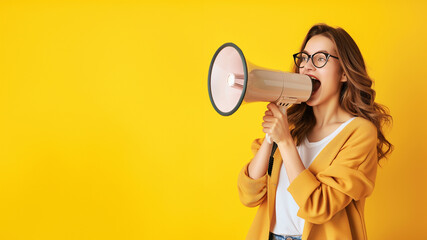 Announcing Discounts Sale. Young woman with Megaphone in Fashion Model Shopping Concept. Yellow Studio Isolated Background with Copy Space