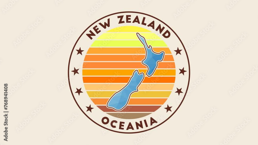 Poster new zealand intro video. badge with the circular name and map of the country in low poly tech geomet