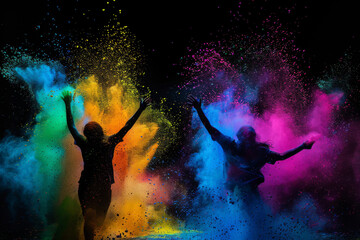 Silhouette of people figures joyfully tossing vibrant colored powders into the air, Holi festival and creativity concept.