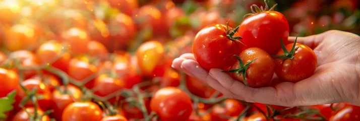 Fotobehang Ripe tomato held in hand, tomato selection with copy space on blurred background © Ilja