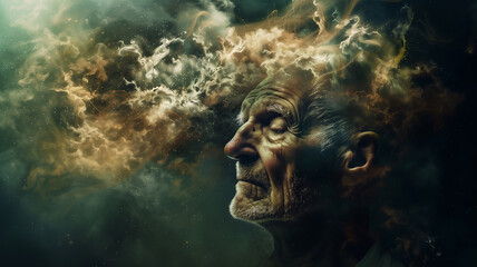 Surreal depressed elder man suffered from mental illness,bipolar disorder,stressed,anxiety,mental illness concept..
