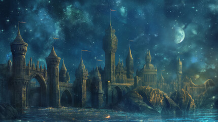 Fototapeta na wymiar Ancient Castle Bridge under a Moonlit Cosmic Sky