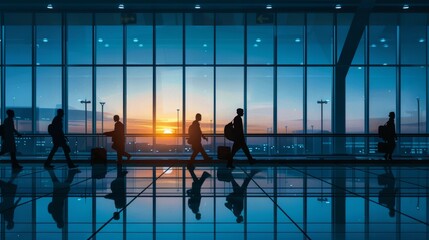 Silhouettes of passengers at an airport terminal, illustrating the bustling activity and anticipation of airline travel. Conceptual image capturing the essence of journey, waiting, and excitement