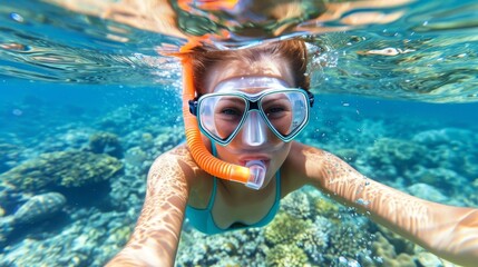 Naklejka premium Solitary island woman snorkeling alone in crystal clear waters with diving mask