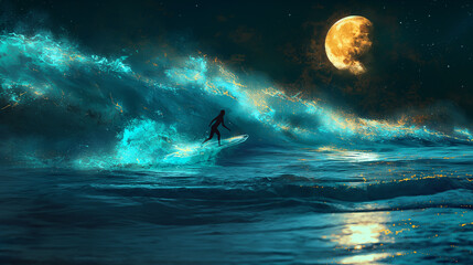 Moonlit Surfer on Glowing Nighttime Waves