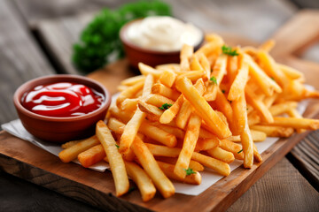 French fries fast food meal eating snack with ketchup and mayonnaise on a wooden board - 768942223