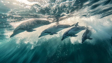 Pod of Dolphins Swimming Under Ocean Waves - obrazy, fototapety, plakaty