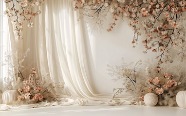 luxurious wedding backdrop with florals on beige wall and white curtain