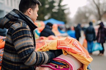 Obraz premium Asian people affected by natural disasters receive clothing donations due to clothing shortages