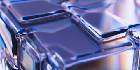 Glass surface with dispersion and refraction effect. Transparent geometric structure with cubic shapes. Abstract background. 3d rendering