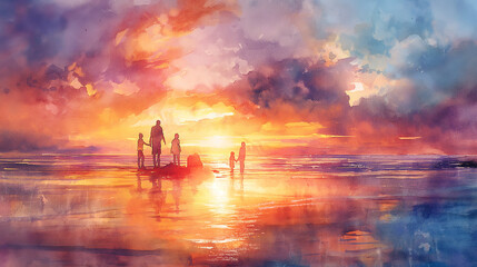 Watercolor Painting of Family on Sunset Beach - obrazy, fototapety, plakaty