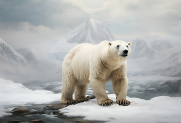 A polar bear in a snowy mountain environment