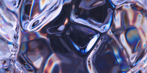 Liquid glass or ice surface with refraction and dispersion effect. Transparent organic bubbles. Abstract background. Prism colors fluid. 3d rendering