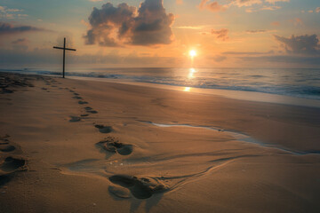 A tranquil beach at dawn, with footprints in the sand leading to a cross washed ashore, symbolizing Jesus' triumph over death and the promise of eternal life. - 768942864
