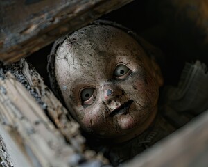 A close-up of a creepy doll face with one eye missing sitting alone in an old