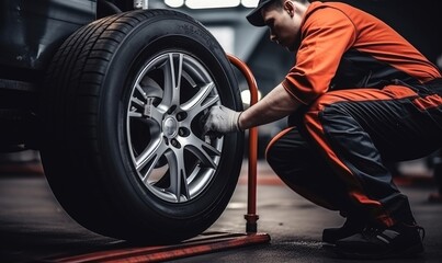 A car mechanic changes a wheel on a car