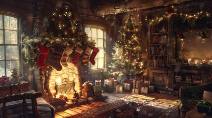 A cozy scene of a holiday gift exchange by a fireplace with stockings hung and a warm - obrazy, fototapety, plakaty
