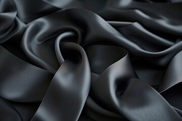 A luxurious black satin ribbon loosely coiled over a dark matte surface - obrazy, fototapety, plakaty