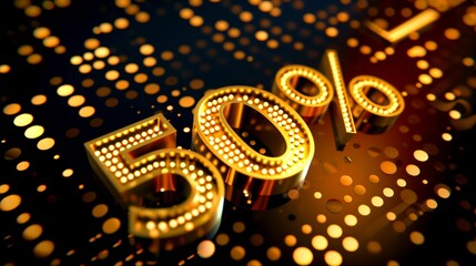 "-50%" number with gold shiny texture on black background with gold spots in 3d illustration style. Elegant illustration of discount for sale. 