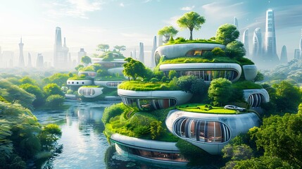 Futuristic cityscape with sustainable skyscrapers and green spaces, showcasing conservation