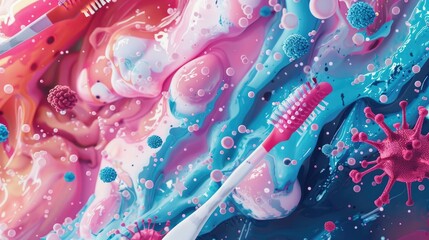 An abstract representation of the battle against tooth decay with stylized bacteria and toothbrushes clashing - obrazy, fototapety, plakaty