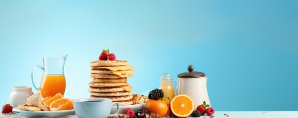 Healthy breakfast concept with fresh pancakes, berries, fruit on white backgroudt. Free space for...