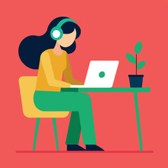 Young beautiful girl works on a laptop work from home flat illustration