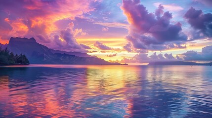 Vibrant sunset sky over south pacific ocean with lagoon landscape in moorea - luxury travel...