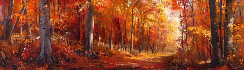 The vibrant fiery colors of autumn foliage in a tranquil forest