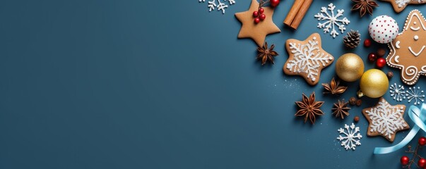 Beautiful Christmas decoration with amazing gingerbread cookies. Merry christmas theme. Christmas greeting card over black background, top view. Flat lay with copy space for xmas greetings. - obrazy, fototapety, plakaty