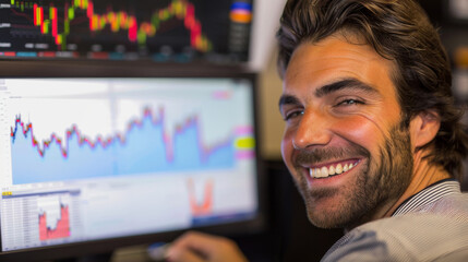 Overjoyed trader with big smile as he observes an upward trending stock market graph, positive growth in the financial market.