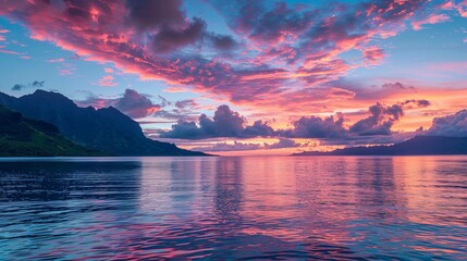 Vibrant sunset sky over south pacific ocean with lagoon landscape in moorea - luxury travel destination scene - obrazy, fototapety, plakaty