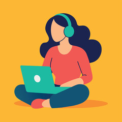 Young lady sitting while using laptop concept illustration