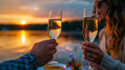 Close-up of a cheerful couple clinking glasses of wine or champagne at a romantic sunset picnic by the lake.