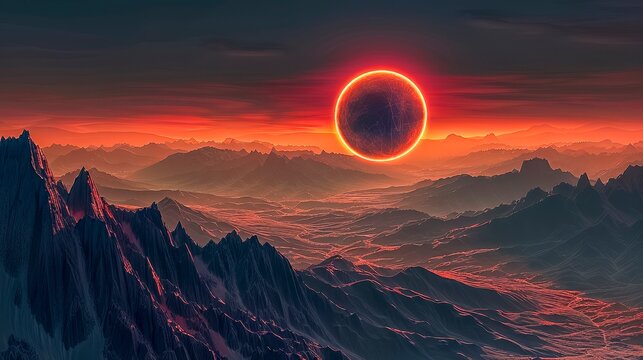Dramatic solar eclipse hovers over a stark and jagged extraterrestrial landscape, casting a surreal glow, perfect for sci-fi themes and otherworldly exploration.