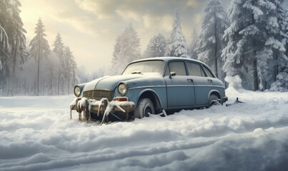 A forgotten vintage car sits partly buried in snow surrounded by a dense winter forest, evoking nostalgia, solitude, and the passage of time in a serene setting.
