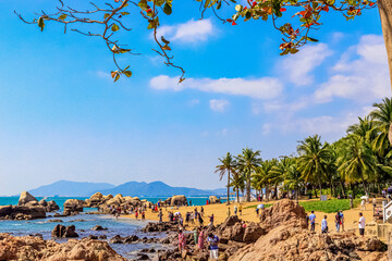 View of the rocky shore of the South China Sea in the World's End Park. Sanya, China