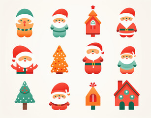 Santa Claus character set. Christmas icon set. Isolated on white background. Christmas ornament. Santa hat, tree, gift box, persent, house, cookies, reindeer and costume. Outline, thin line and flat.