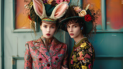 Spring fashion concept. Female models with bunny ears