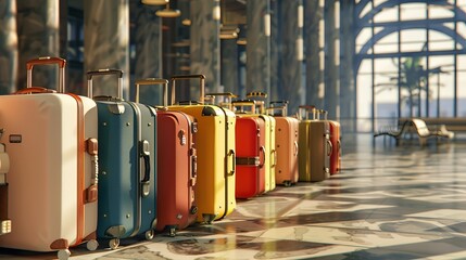 Assorted suitcases in busy airport terminal - travel conceptualization, 3d render - obrazy, fototapety, plakaty